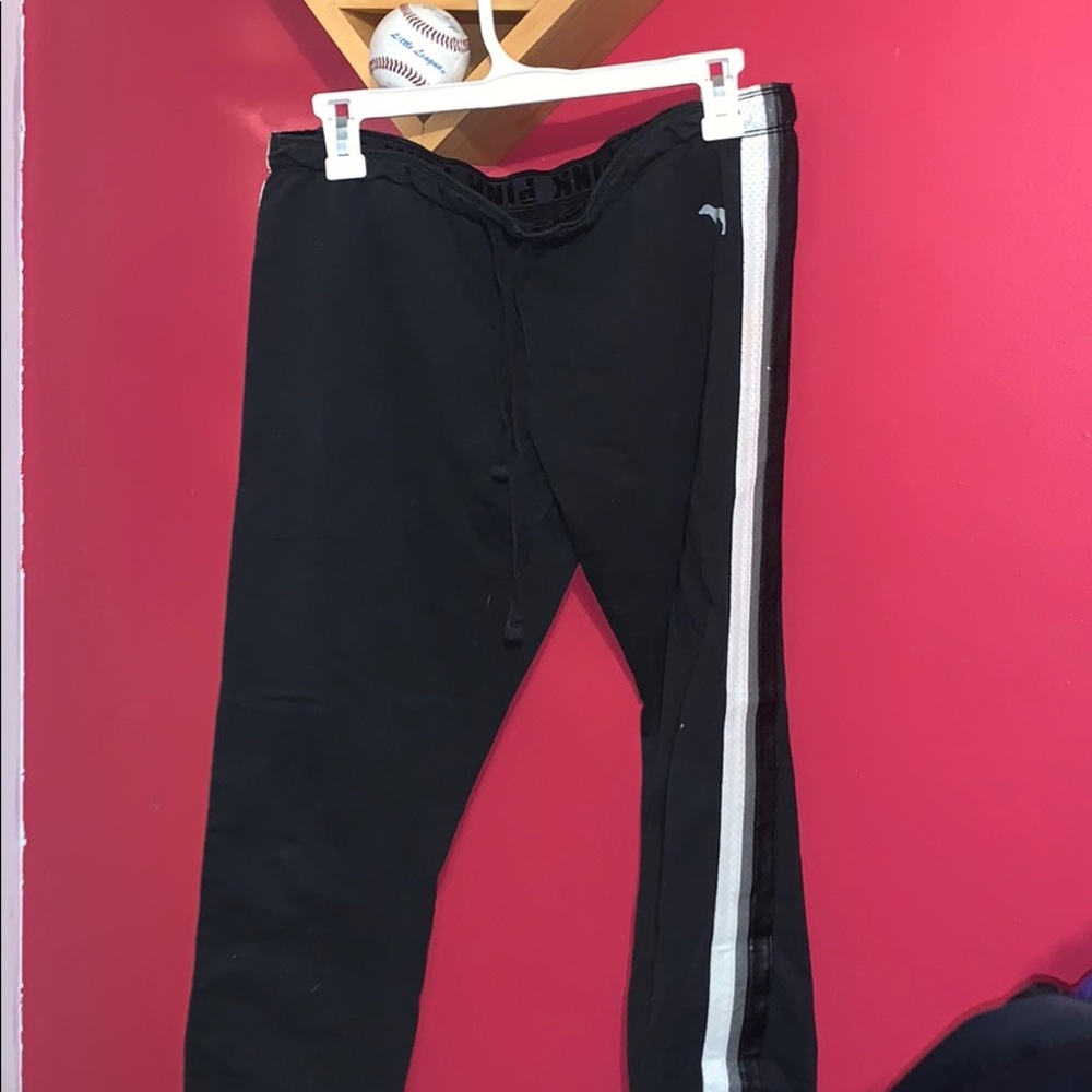 black sweat pants with leather strip up the side